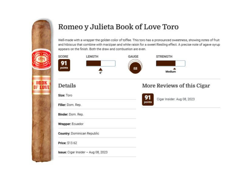 Năm 2023, xì gà Romeo y Julieta Book of Love nhận được số điểm khá cao từ Cigar Aficionado