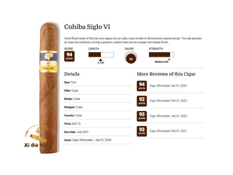 Cigar Aficionado đánh giá xì gà Cohiba Siglo 6  với số điểm cao vào năm 2024